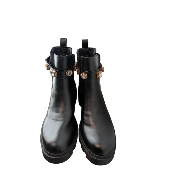 Sugar Favorite Black Jeweled Strap Lug Sole Chelsea Boots Women's Size 9M - NWOB