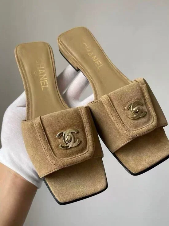 Chanel Beige Suede CC Turn‑Lock Square Toe Slide Sandals