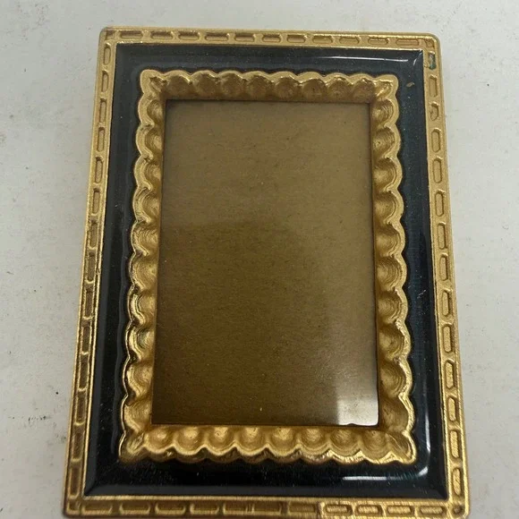 Vintage Miniature Gold Scalloped Black Enamel Picture Frame Small Desk Decor