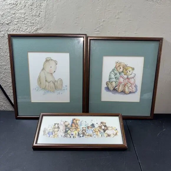 3 Vtg Teddy Bears Cottagecore Nursery Decorations Wood Framed Matted
