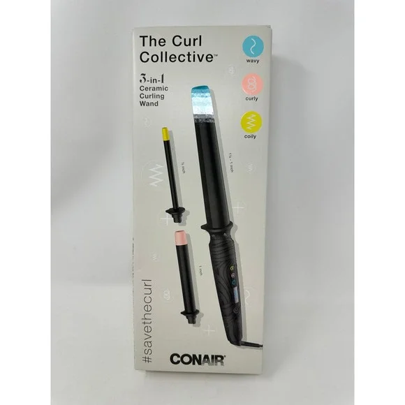 Conair The Curl Collective 3-in-1 Ceramic Curling Wand Black New