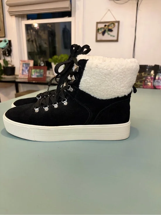 Marc Fisher Black Suede Ankle Booties with White Sherpa Collar
