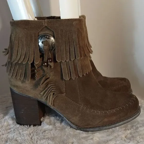 Sbicca Brown Suede Fringe Block Heel Booties