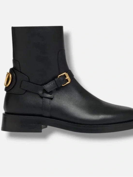 Valentino Garavani Black Leather Ankle Boots with Gold Buckle