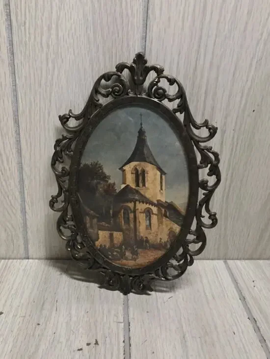 Vintage Italian Oval Ornate Filigree Frame With Gothic European Church Print