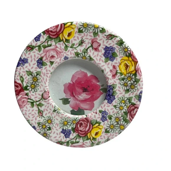 Carr Round Ceramic Floral Chintz Picture Frame Pink Yellow Purple 4 Inch