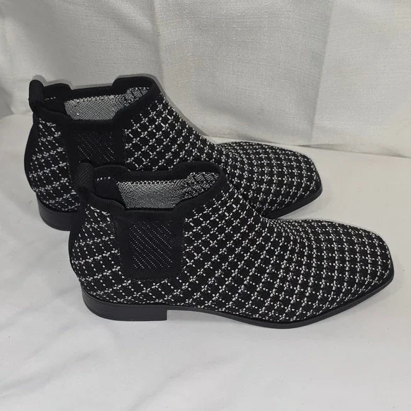 Vivaia Black White Knit Square Toe‎ Chelsea Ankle Boots Size 38