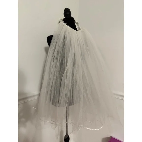 White Wedding‎ short Veil Bridal Crown Flower Lace Tulle Romantic Bride 28