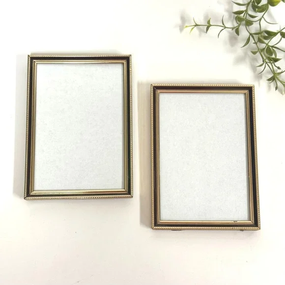 Vintage Gold Tone Metal Beaded 4x6 Picture Frames Set of 2 Brown Enamel Trim