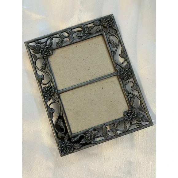 Vintage Pewter Tone Rose Filigree Double Photo Frame Floral 2x3 Horizontal