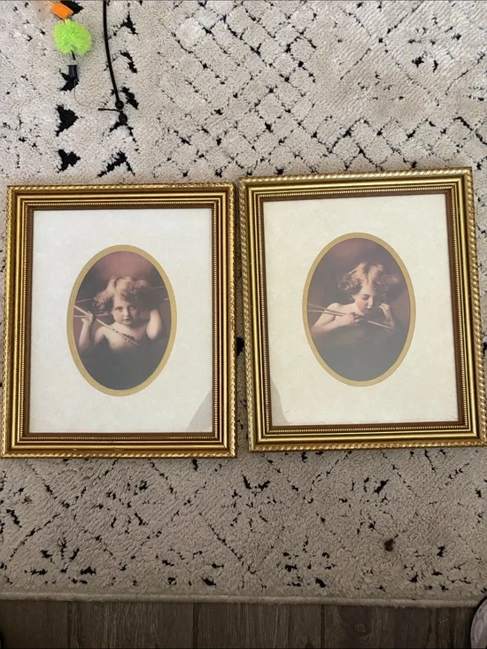 Vintage Gold Framed Cherub Wall Art Pair - Classic