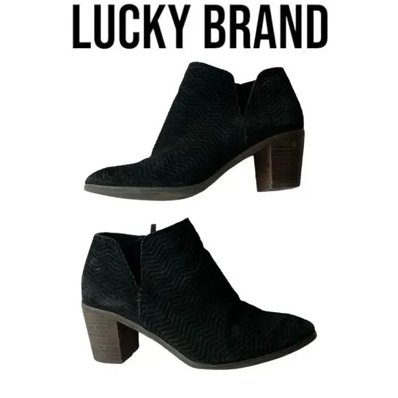 Lucky Brand Black Parnesa Side Zip Block Heel Leather Ankle Booties Women’s 9.5M