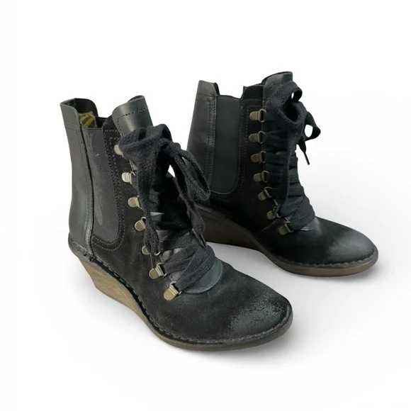 Fly London Suzu Suede Leather Wedge Boots‎ In Black Women's Size 37 US 6/6.5