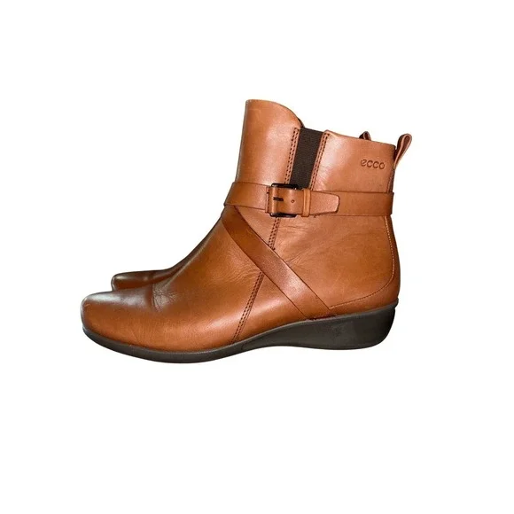 ECCO Shape‎ Leather Ankle Boots Cognac Brown Buckle Strap Zip Wedge Bootie 39