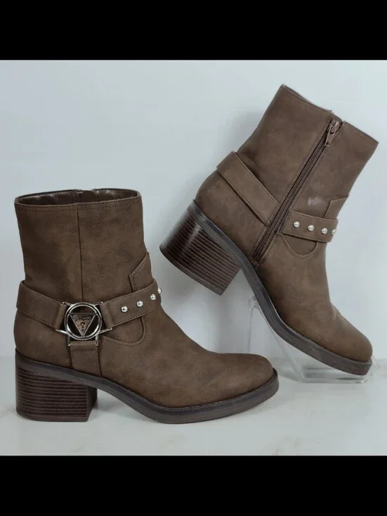 Guess Women's Galliah Brown Studded Harness Ankle Boots, Sz 10