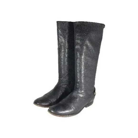 FRYE Women's Melissa Back Zip US 7,5B Black Leather Button Tall Riding Boots