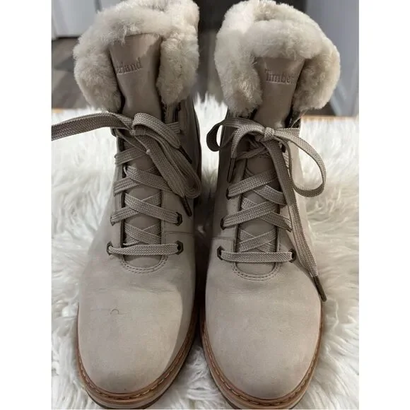 Timberland Women's Taupe Lace-Up Shearling Collar Boots Size 10