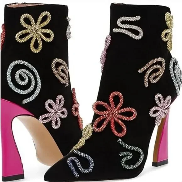 Betsey Johnson Black Ankle Boots with Multicolor Embellishments