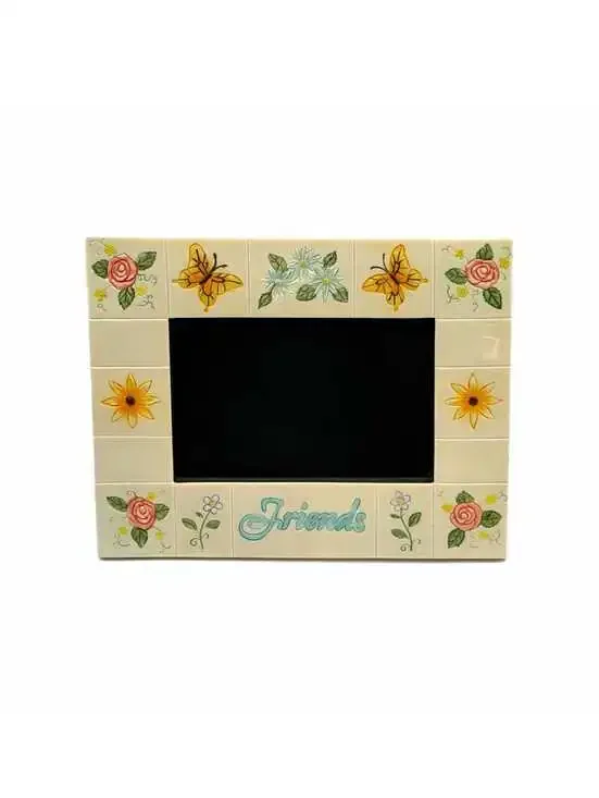 Vintage “Friends” Butterfly Floral Ceramic Tile Picture Frame – 4x6-Inch Photo