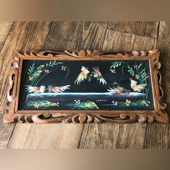 Vtg 1930s Mexican Feather Art Roosters Chickens Folk Art Framed 16x8”