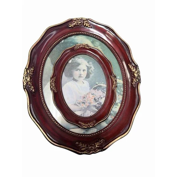 Set of 2 Ornate Oval Plastic Picture Frames ~8x10 5x7 Burgundy Gold Victorian