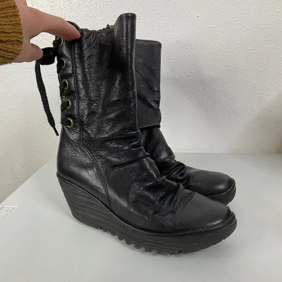 Fly‎ London Yada Black Leather Lace Up Back Boots Size 41