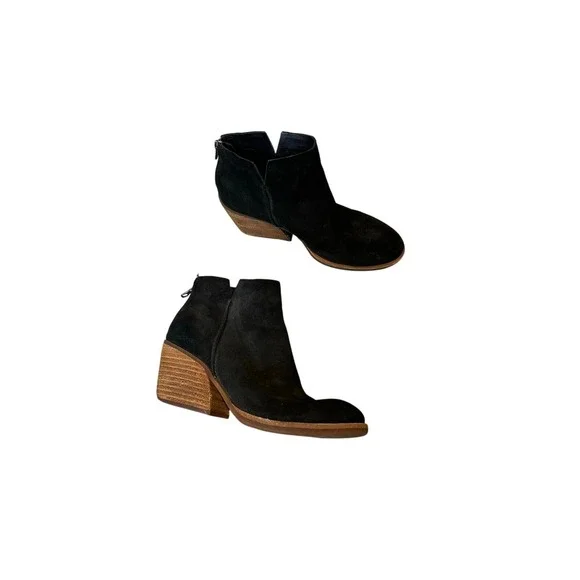 Kork-Ease Black Suede Ankle Boots Stacked Block Heel Rear Zip Booties‎
