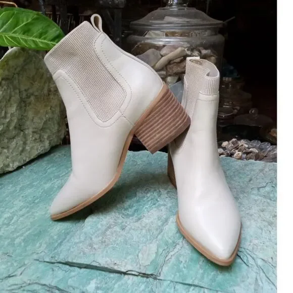 Chelsea and Violet, Bone Color Leather Boots with Chunky Heels