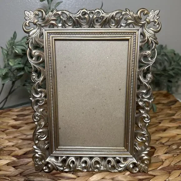 Burnes of Boston Ornate Metal 4x6 Picture Frame Gold Tone Scroll Easel Vintage