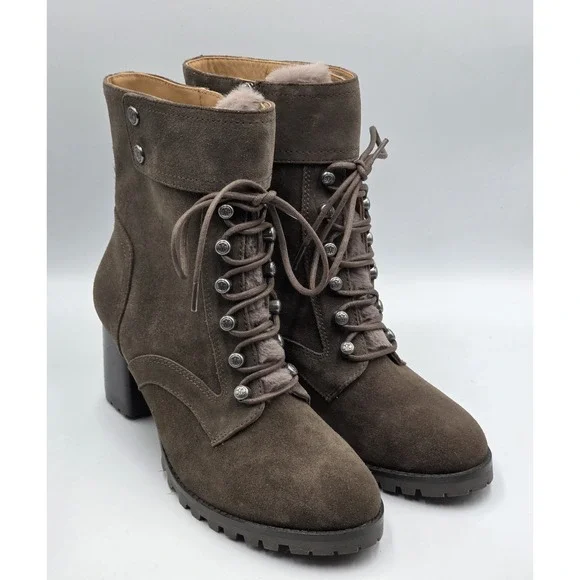 Johnston Murphy Suede Fur Lined‎ Lace Up Block Heel Ankle Boots Women's 8.5M
