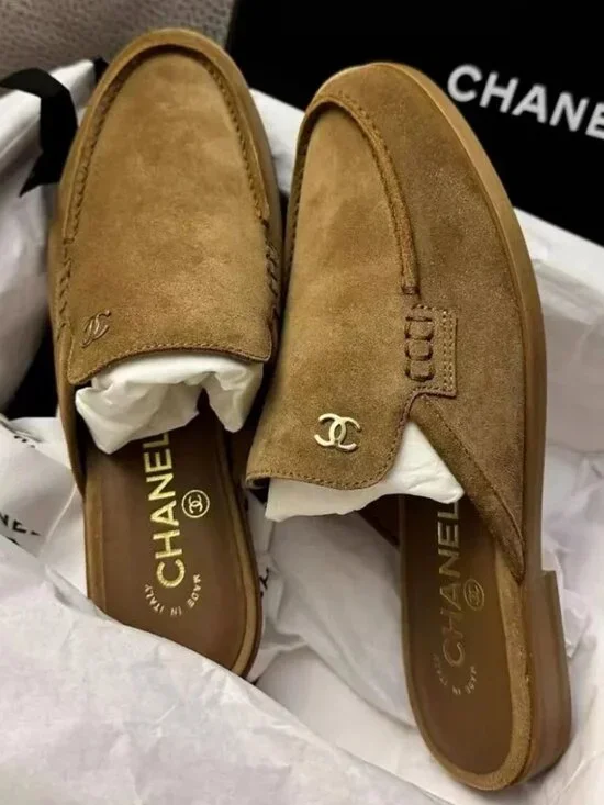 Chanel Tan Suede CC Logo Backless Loafer Mules