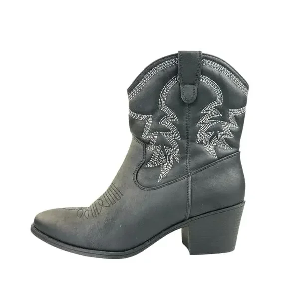 Global Win Black Faux Leather Stitch Embroidered Mid Calf Western Cowboy Boots 8
