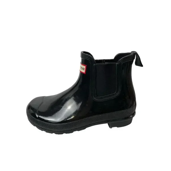 Hunter Womens Original Gloss Black Round Toe Slip On Flats Chelsea Ankle Boots 7