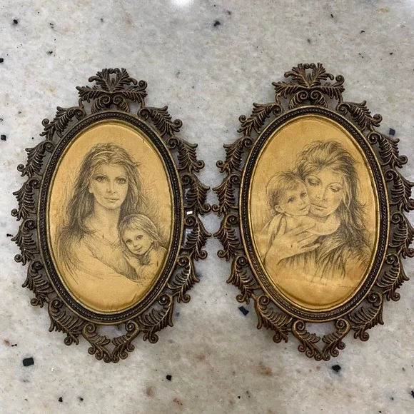 Vintage Ornate Gold Oval Frames Mother and Child Sketch Art Set of 2 Regency