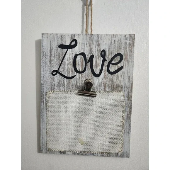 Hobby Lobby Rustic Wood Love Photo Holder Wall Decor Burlap Clip White Wash