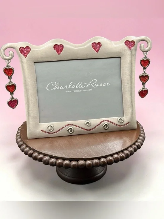 CUTE VTG 4x6 CHARLOTTE RUSSE PICTURE FRAME Glitter Dangling Hearts Pewter