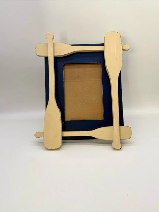 Nautical Wood Oar Picture Frame Navy Blue Distressed Coastal Beach Lake Decor