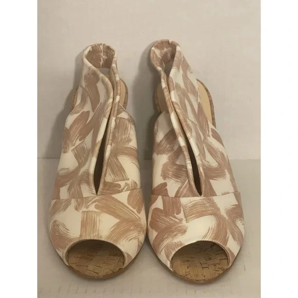 Brenda Zero Peep Toes Shoes SZ EU 37 Cream And Tan Swirl Sling Back Bootie Heel‎