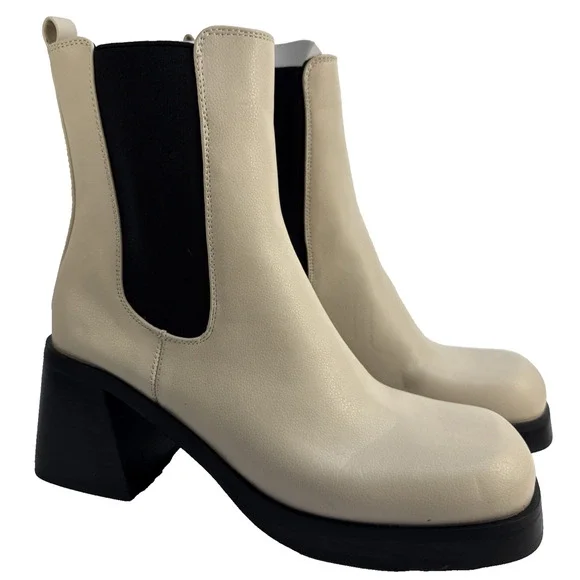 Topshop Womens Ivory‎ Leather Boots Size 9 Chunky Block Heel Retro Y2K NWOB