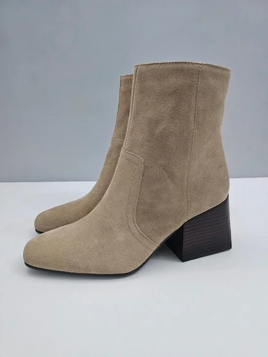 Blondo Salome Waterproof Suede Ankle Boot Tan Block Heel Neutral Womens 7.5 NEW