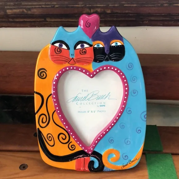 Laurel Burch Ceramic Colorful Cats Heart Picture Frame 8.5”X6