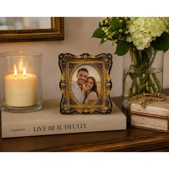 Vintage Ornate Gold and Black‎ Floral Scrollwork Oval Picture Frame