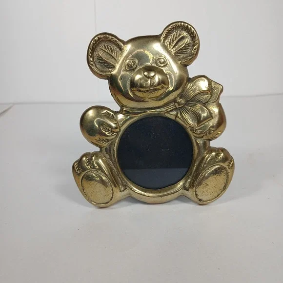 Vintage Brass Teddy Bear Photo Frame Baby Shower Gift Picture Nursery Cottage