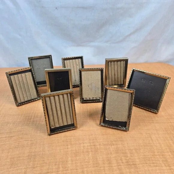 9 miniature photo picture frames with glass gold brass tone 2.5