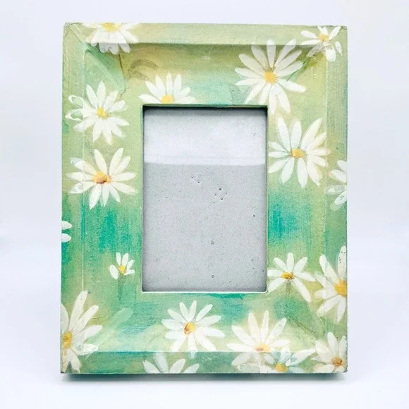 Cottagecore Hand Painted Daisy Photo‎ Frame Shabby Chic Boho Green Shelf Decor
