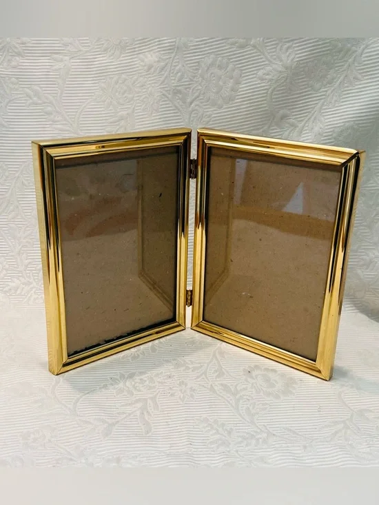 Fetco MCM Solid Brass Double Picture‎ Frame 5X7 Bi-fold Wall Mount/ Freestanding