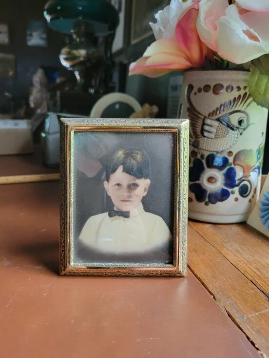 Vintage Gold Tone Metal Frame With Vintage Photo Of Boy 4.25x3.75