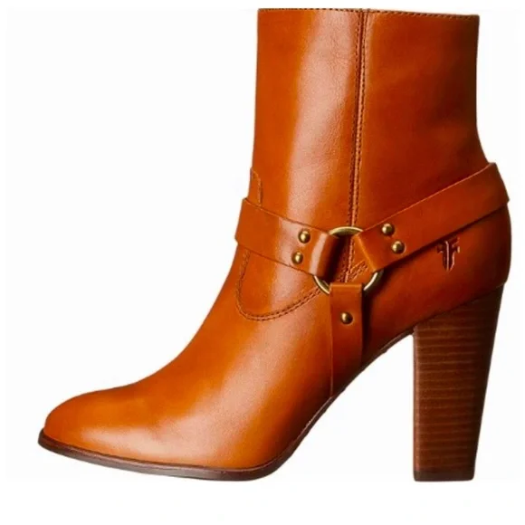 Frye Laurie Harness Leather Zippered Boots Sz 7.5 High Heel Bootie‎ Fall Cowgirl