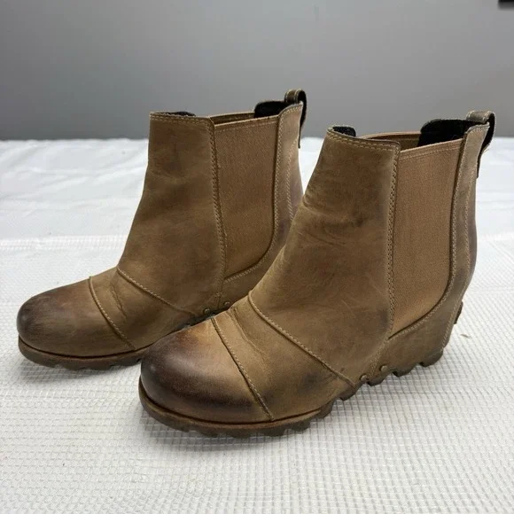 Sorel‎ Womens 8 Ankle Boot Lea Joan Of Arctic Wedge II Tan Leather Heel Shoes