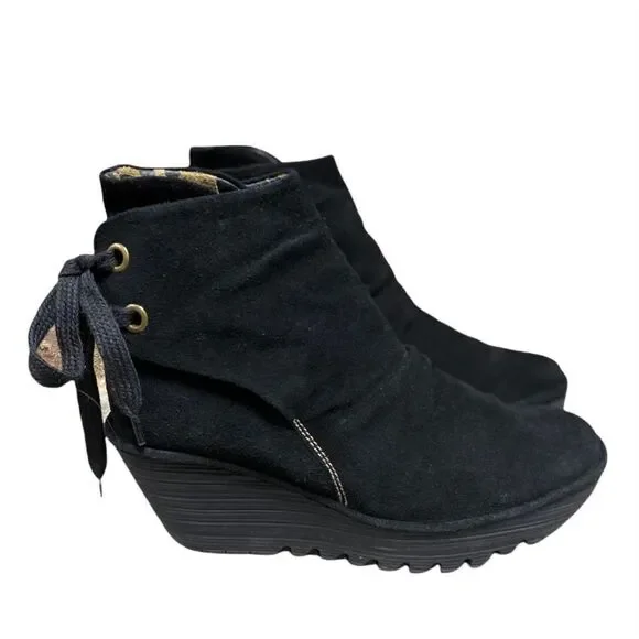 Fly London Black Leather - Suede Yama Wedge Ankle Bootie